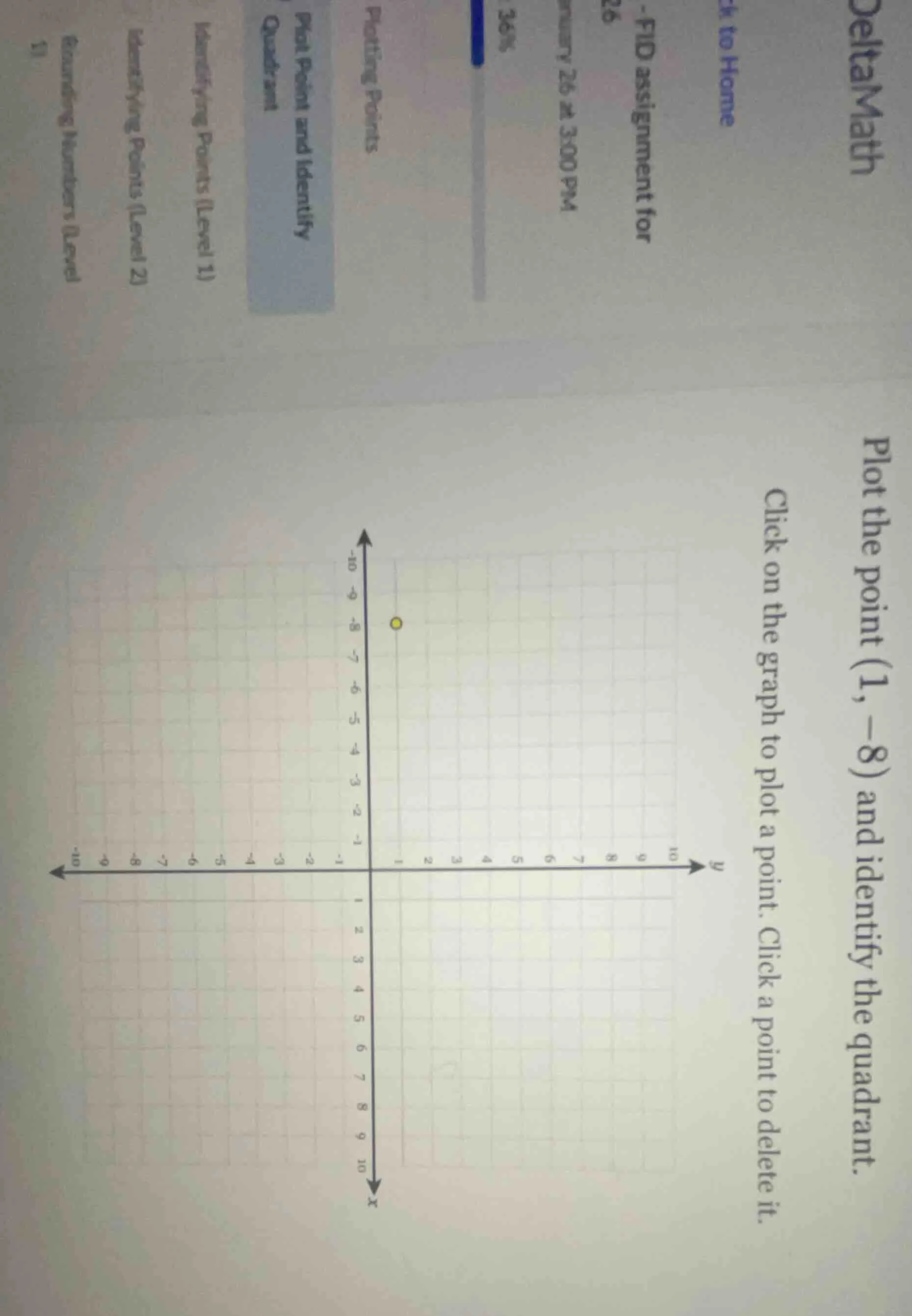 plot the point (1, -8) and identify the quadrant. click on the graph to…