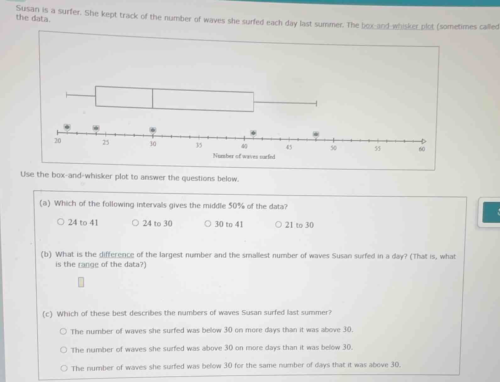 susan is a surfer. she kept track of the number of waves she surfed eac…