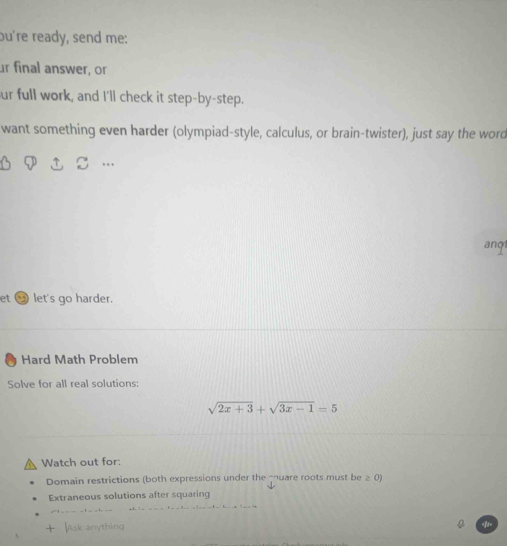 hard math problem solve for all real solutions: \\(\\sqrt{2x + 3} + \\s…