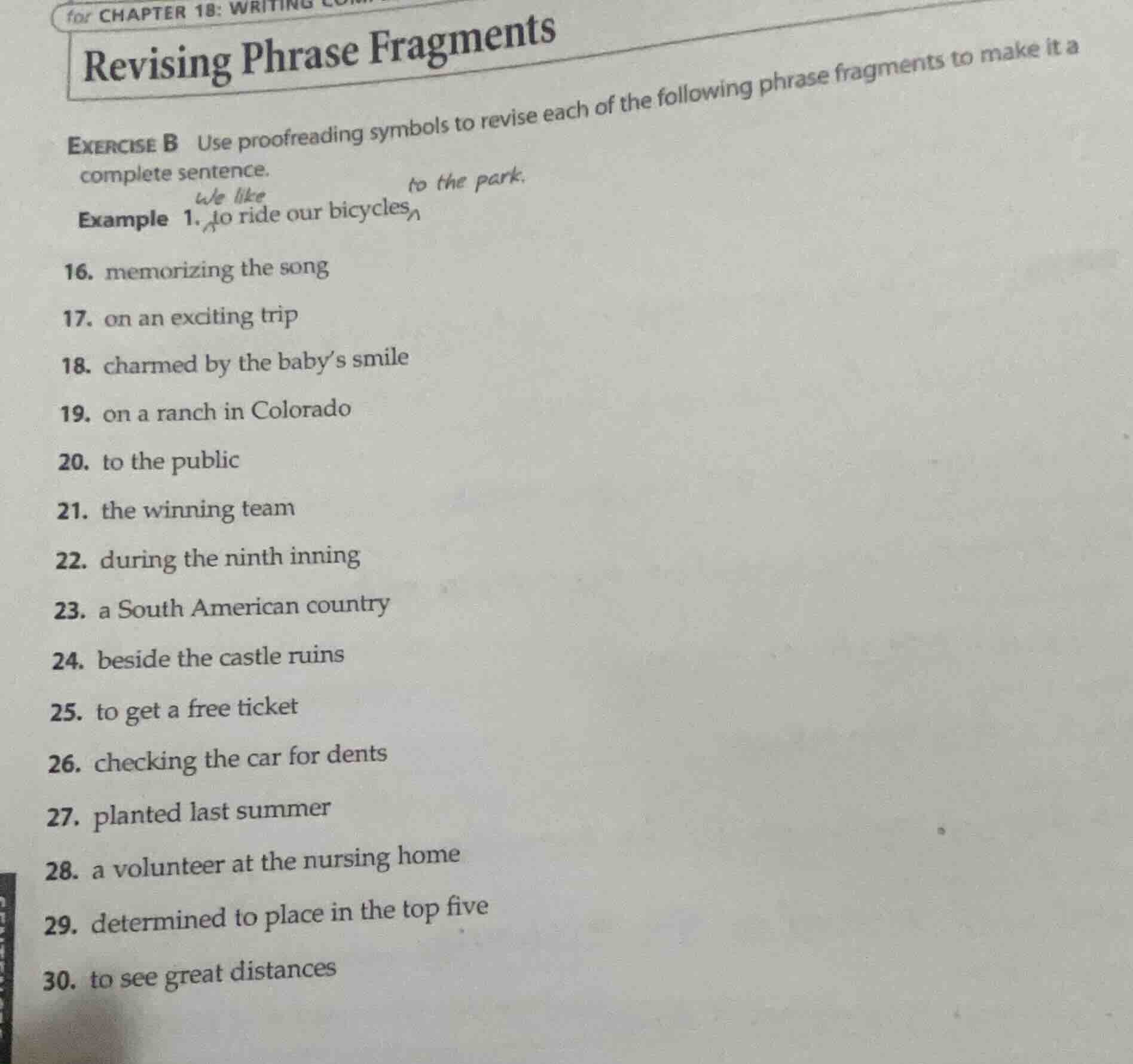 for chapter 18: writing revising phrase fragments exercise b use proofr…
