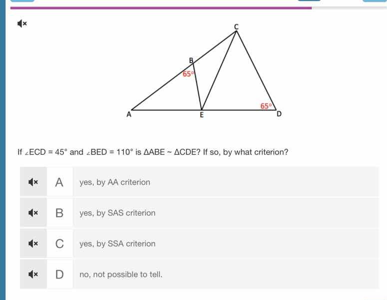 if $\\angle ecd = 45^{\\circ}$ and $\\angle bed = 110^{\\circ}$ is $\\t…
