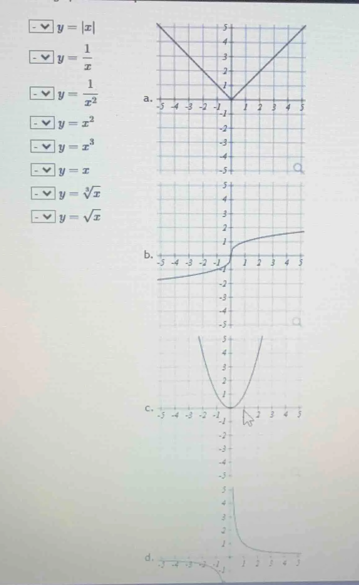 match the functions: $y = |x|$, $y = \\frac{1}{x}$, $y = \\frac{1}{x^2}…