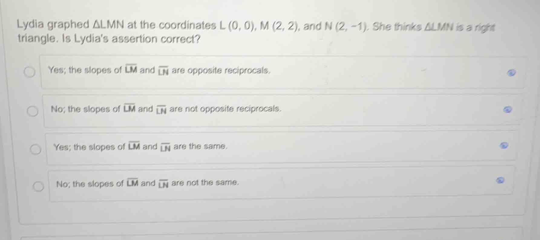 lydia graphed $\\triangle lmn$ at the coordinates $l (0, 0)$, $m (2, 2)…