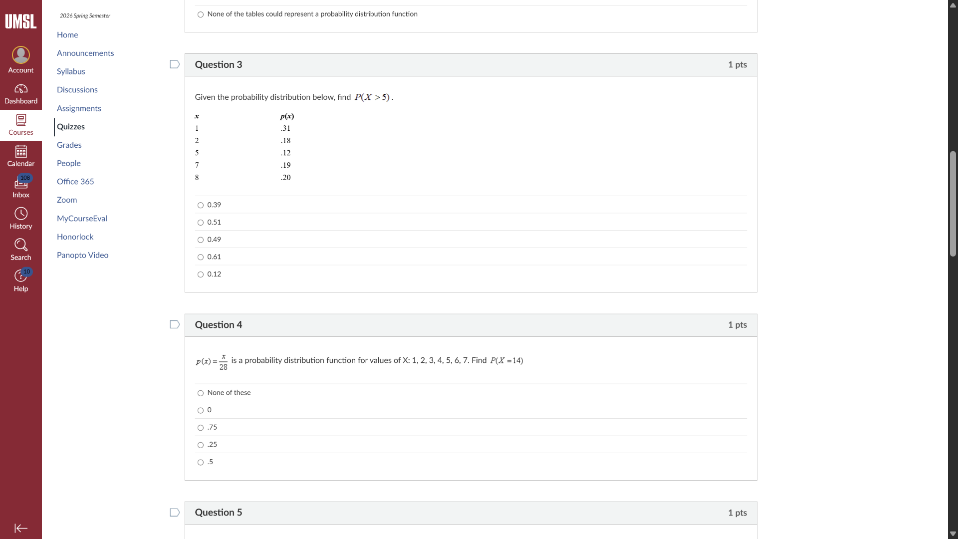 question 3 1 pts given the probability distribution below, find ( p(x >…