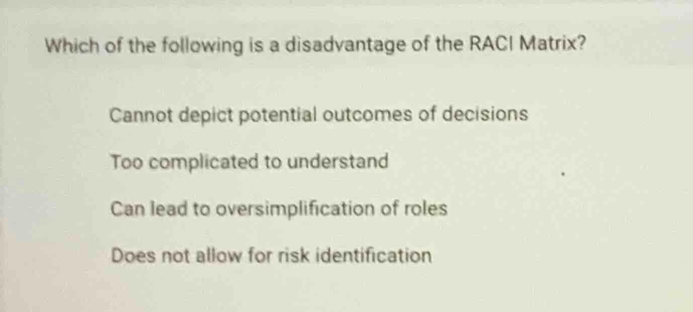 which of the following is a disadvantage of the raci matrix? cannot dep…