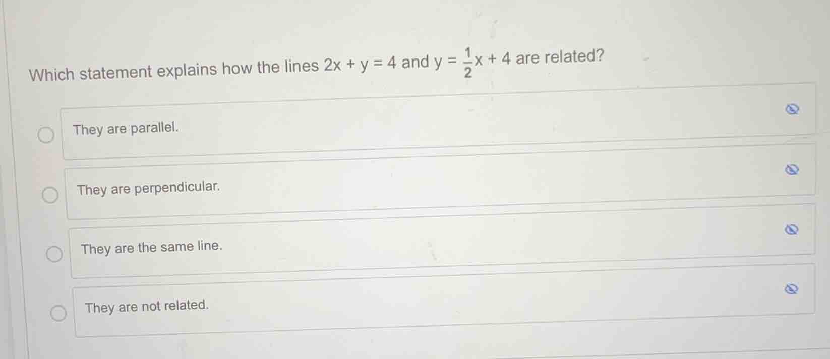 which statement explains how the lines $2x + y = 4$ and $y = \\frac{1}{…