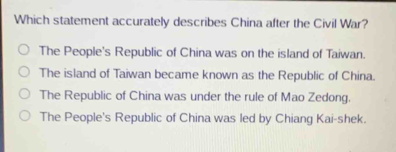 which statement accurately describes china after the civil war? the peo…