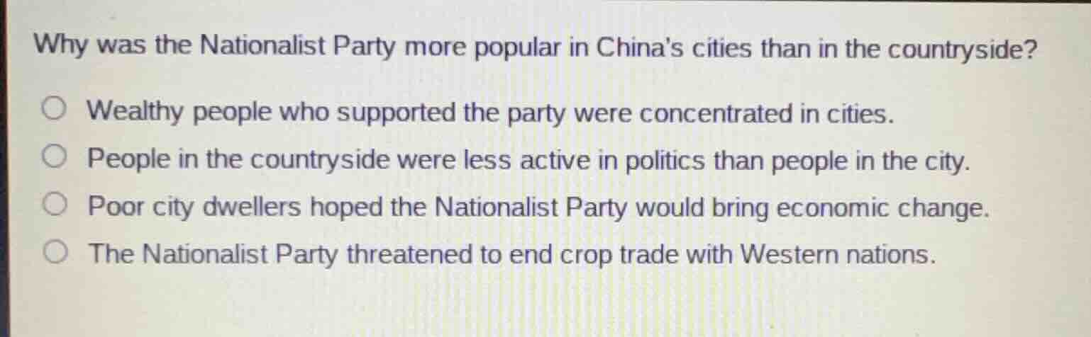 why was the nationalist party more popular in chinas cities than in the…