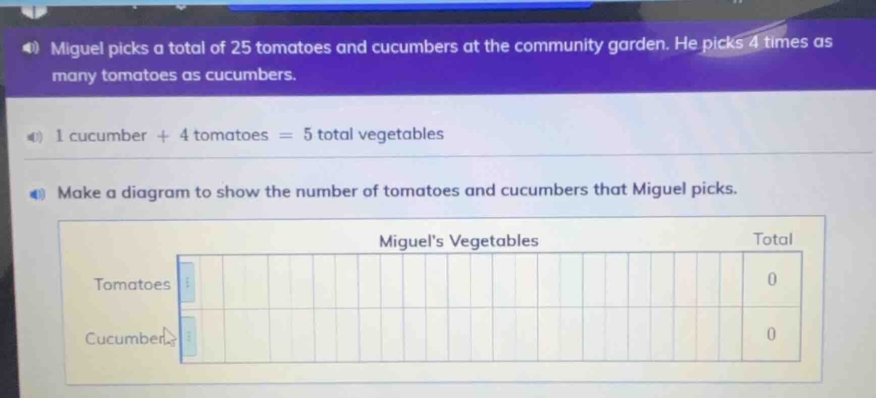 miguel picks a total of 25 tomatoes and cucumbers at the community gard…