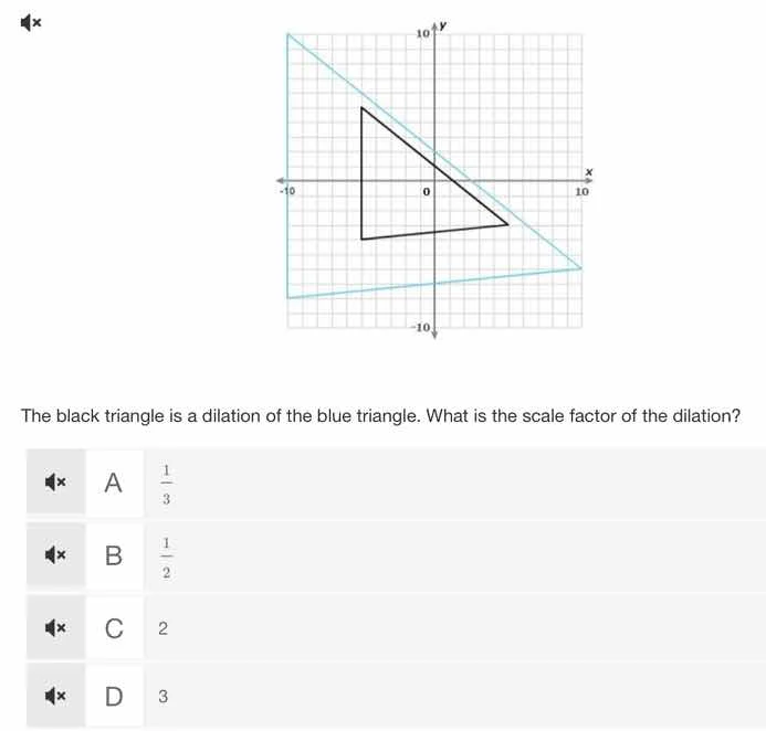 the black triangle is a dilation of the blue triangle. what is the scal…
