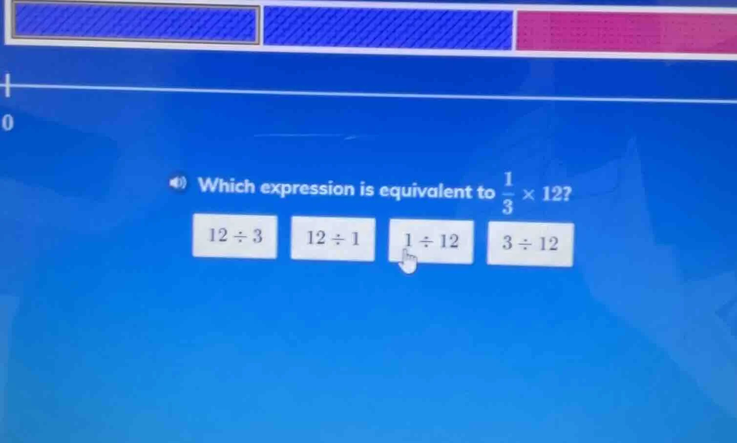 which expression is equivalent to \\(\\frac{1}{3} \\times 12\\)? \\(12 …