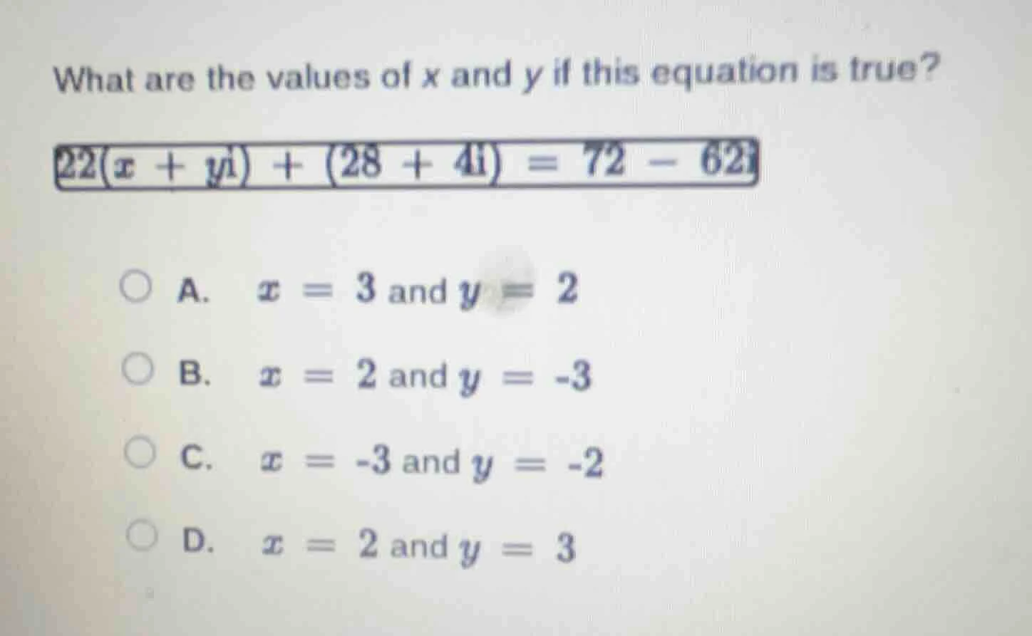 what are the values of x and y if this equation is true? 22(x + yi) + (…