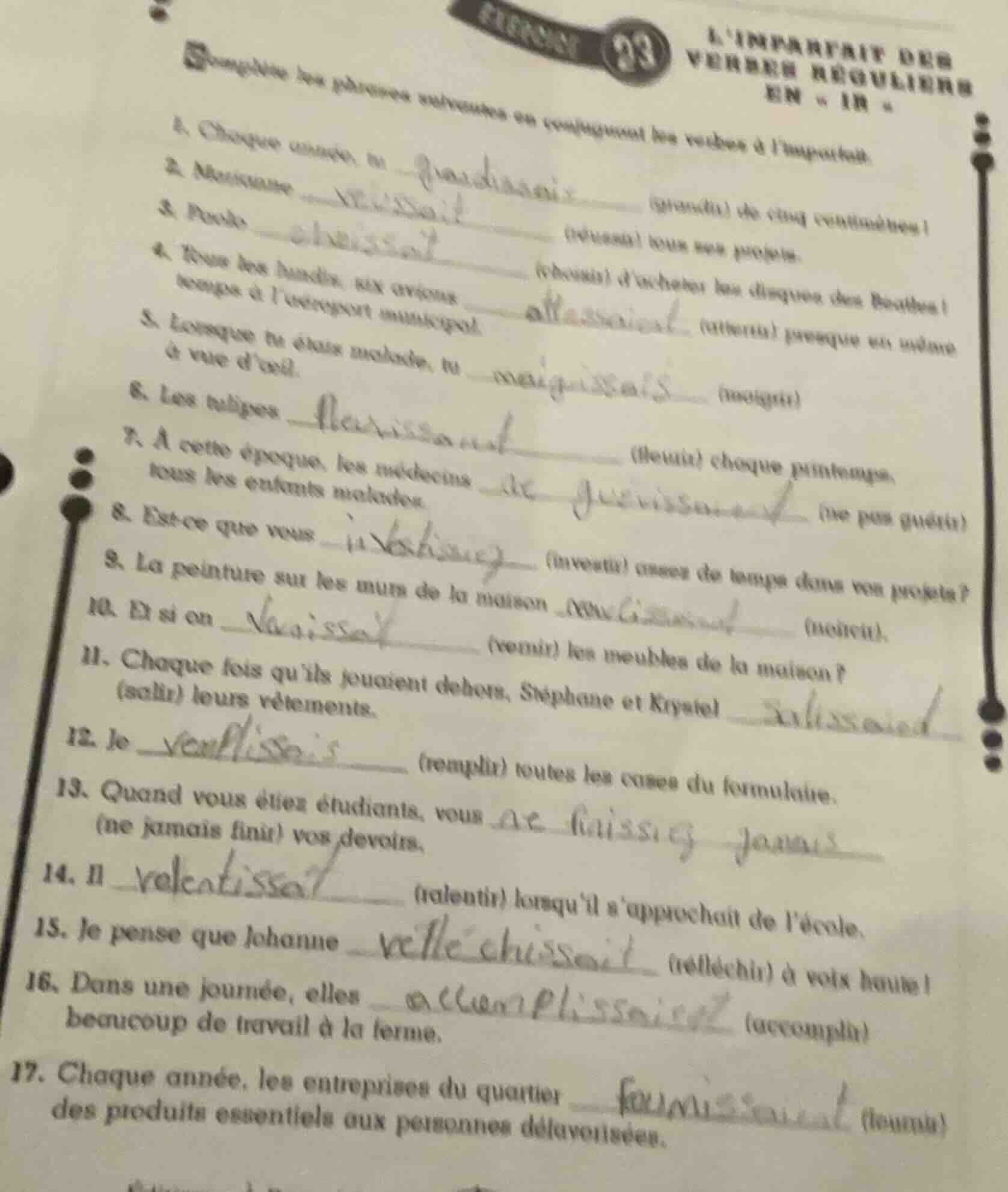 limparfait des verbes réguliers en « in » compléter les phrases suivant…