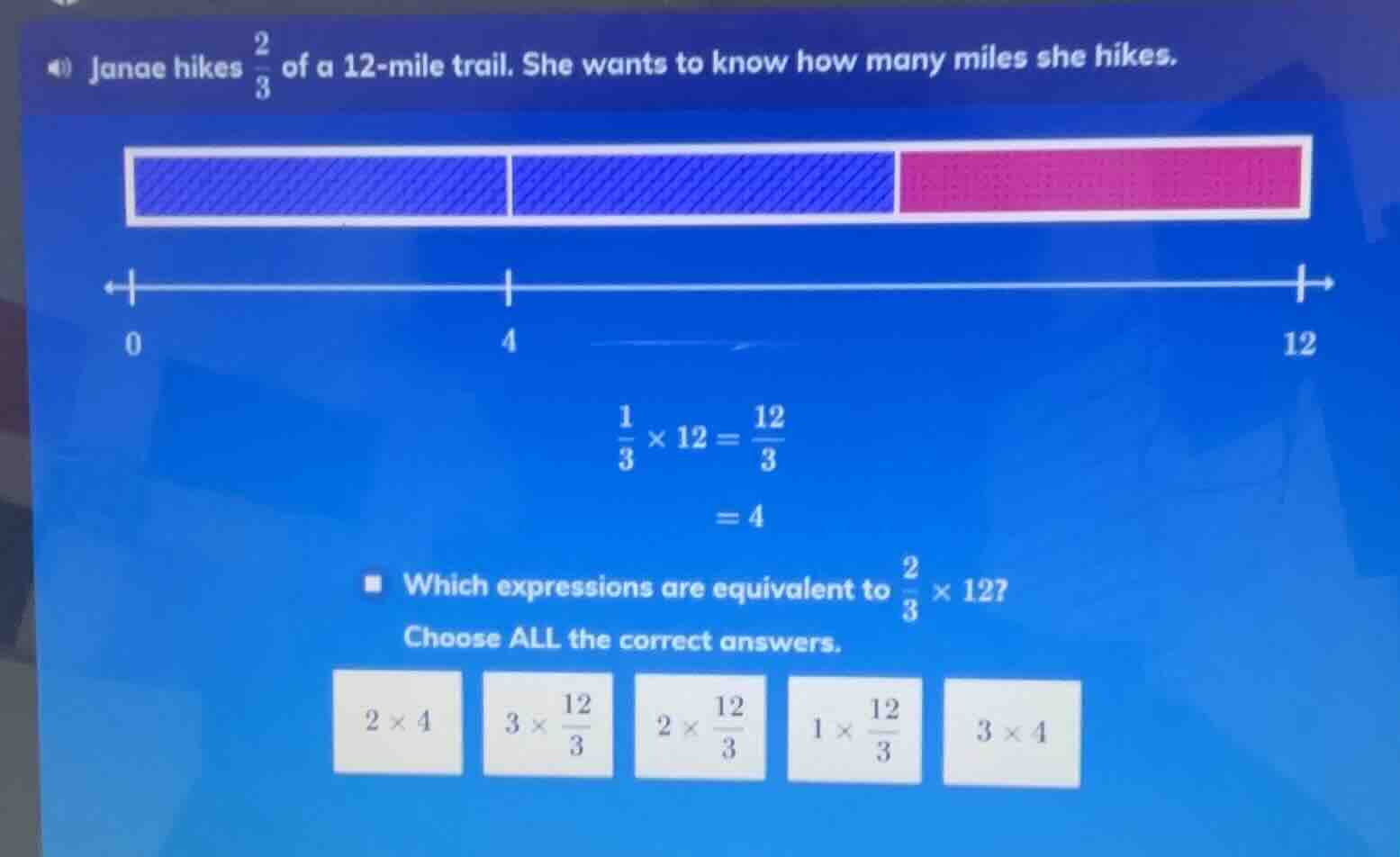 janae hikes \\(\\frac{2}{3}\\) of a 12 - mile trail. she wants to know …