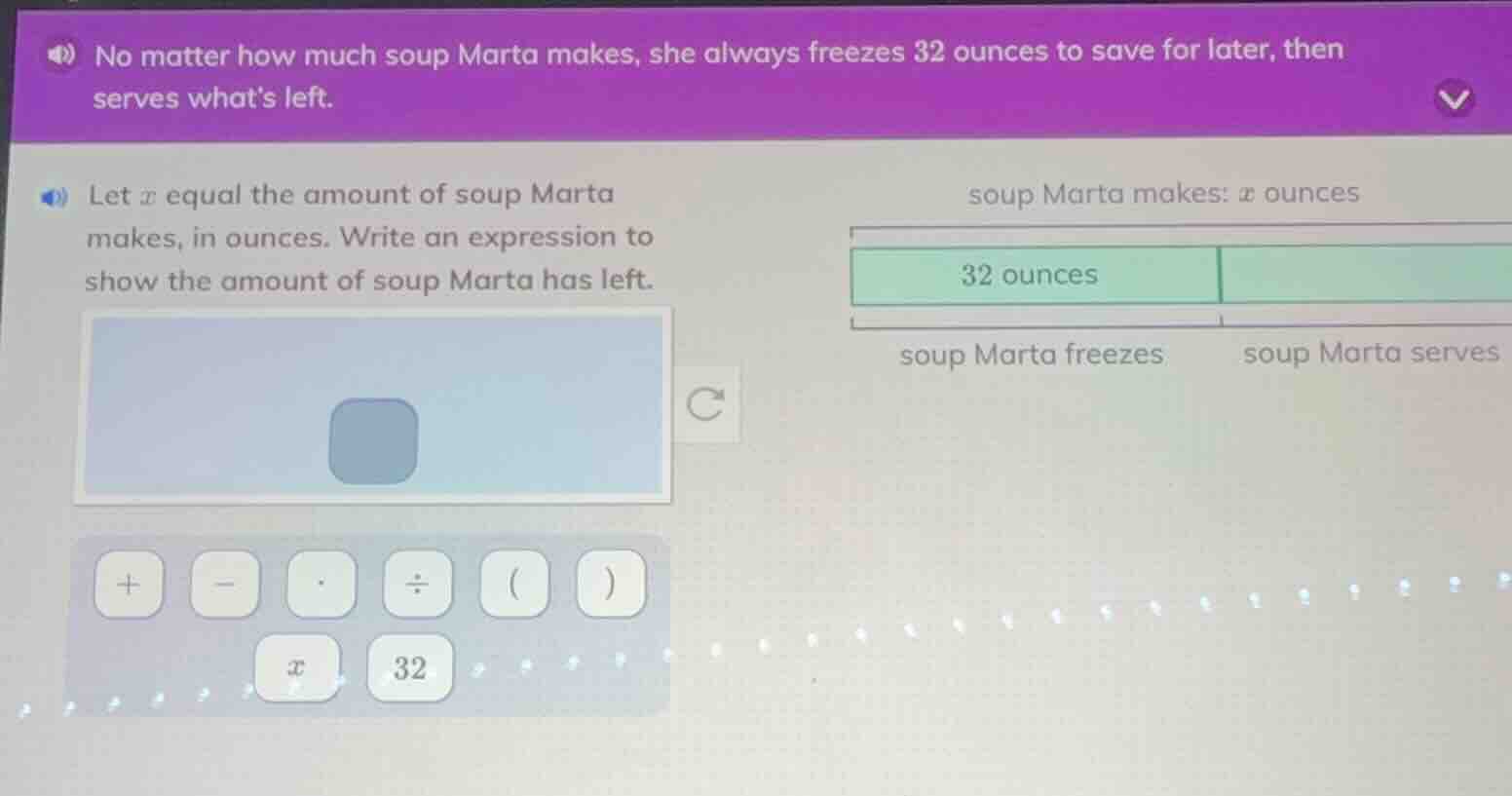 no matter how much soup marta makes, she always freezes 32 ounces to sa…
