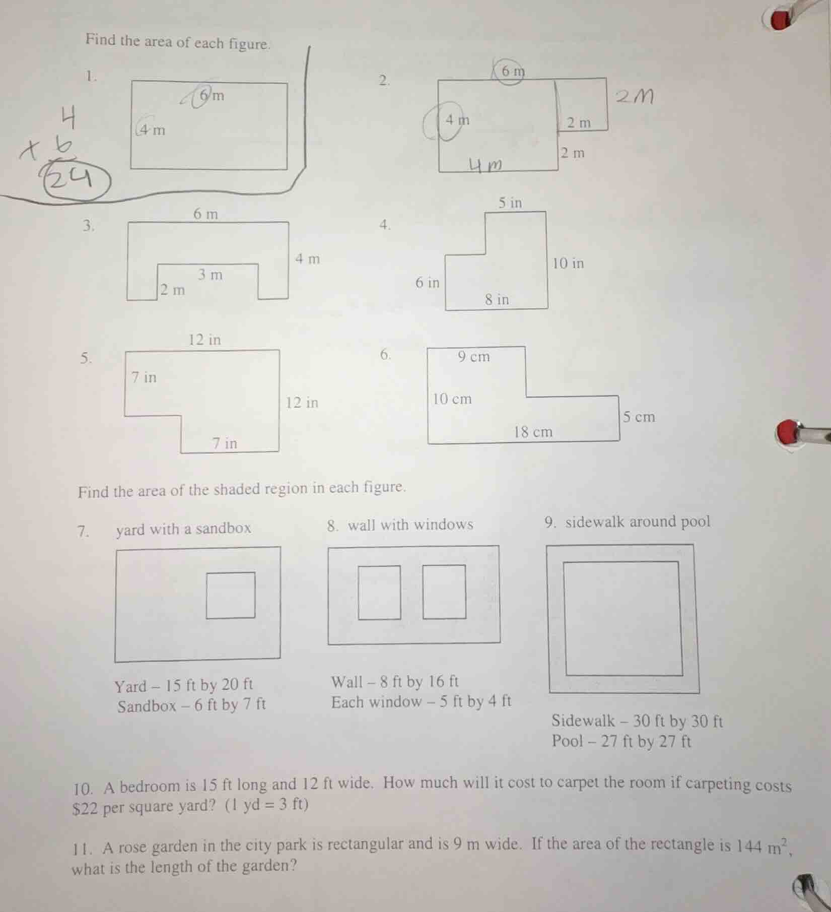 find the area of each figure. 1. 2. 3. 4. 5. 6. find the area of the sh…