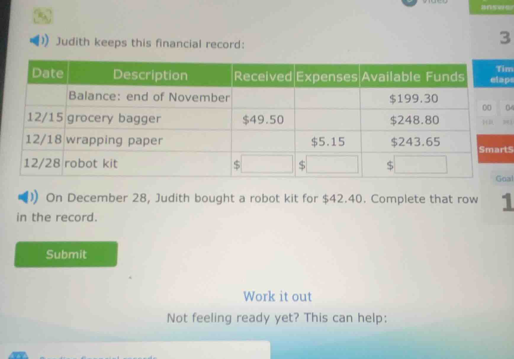 judith keeps this financial record: | date | description | received | e…