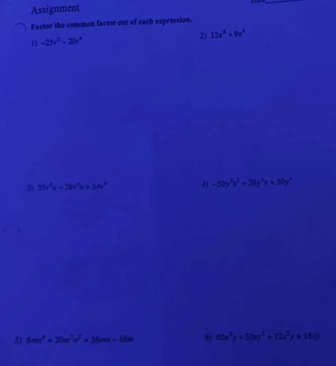 assignment factor the common factor out of each expression. 1) $-25x^3 …
