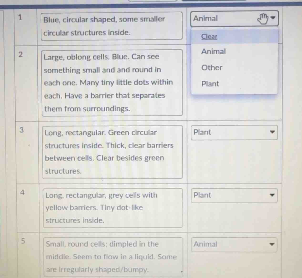 1 blue, circular shaped, some smaller circular structures inside. anima…