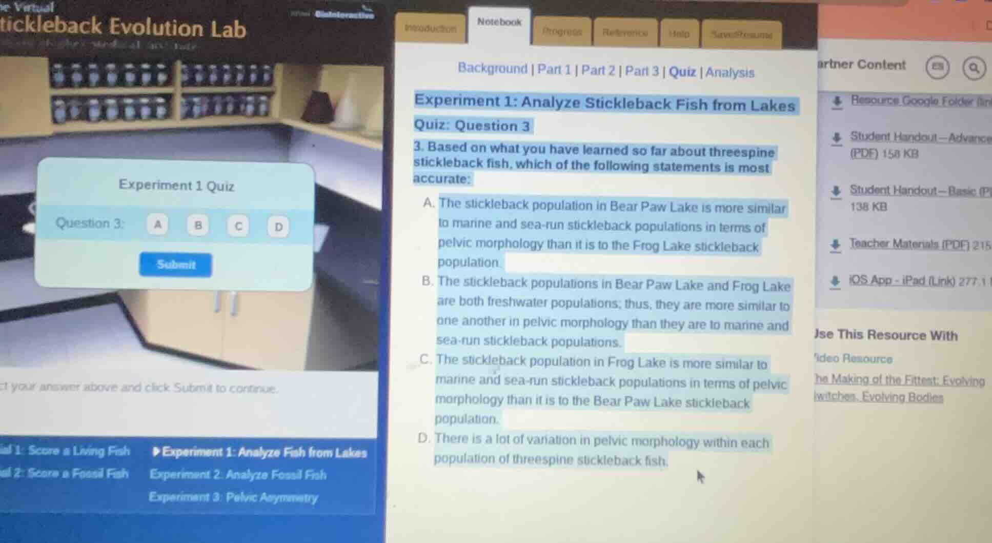 experiment 1: analyze stickleback fish from lakes quiz: question 3 3. b…