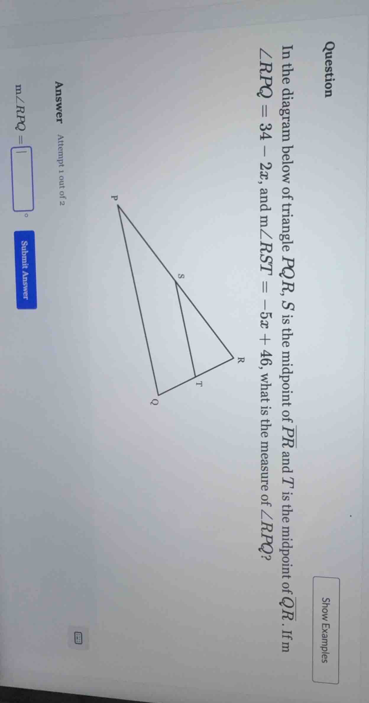 question in the diagram below of triangle pqr, s is the midpoint of \\(…