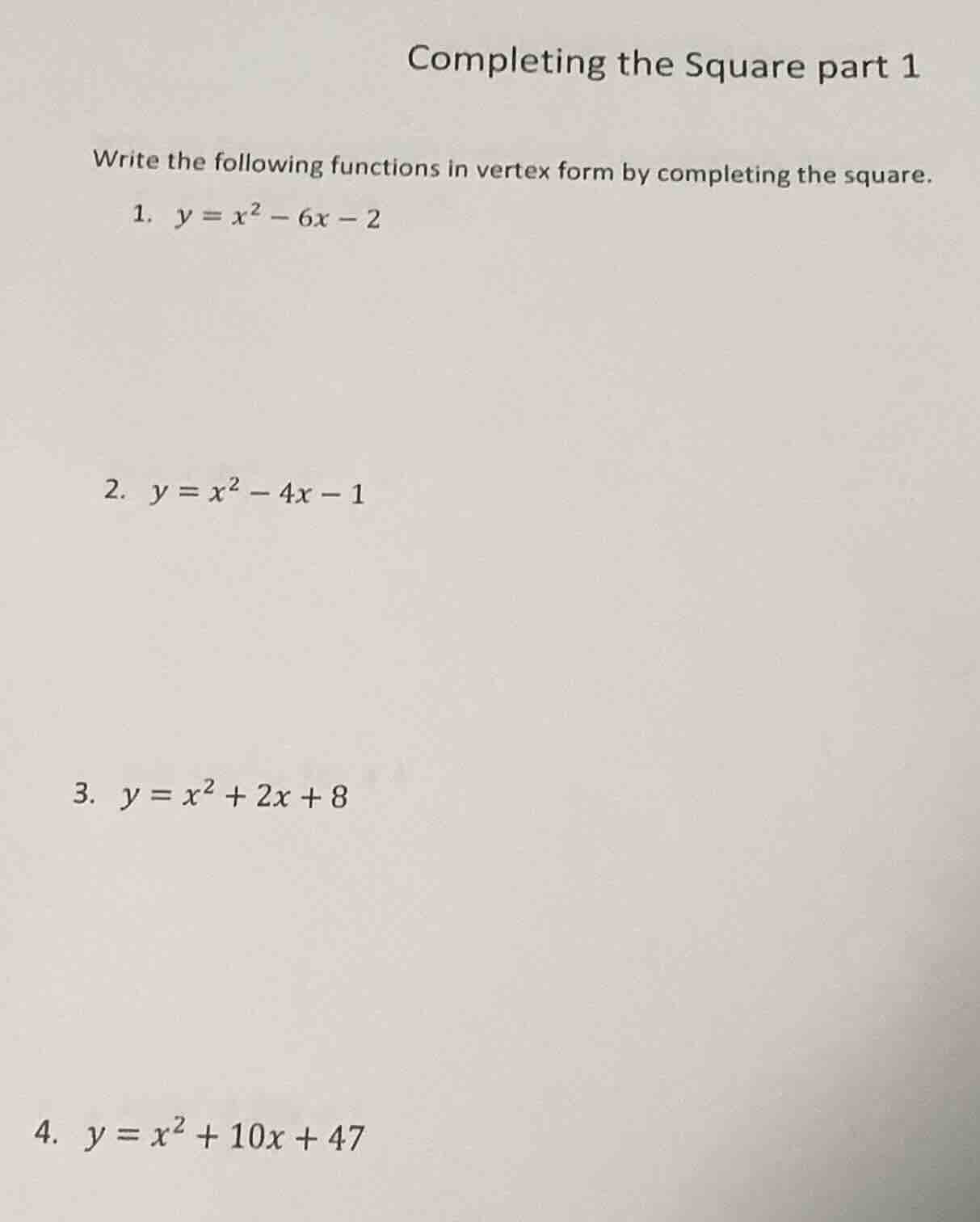 completing the square part 1 write the following functions in vertex fo…
