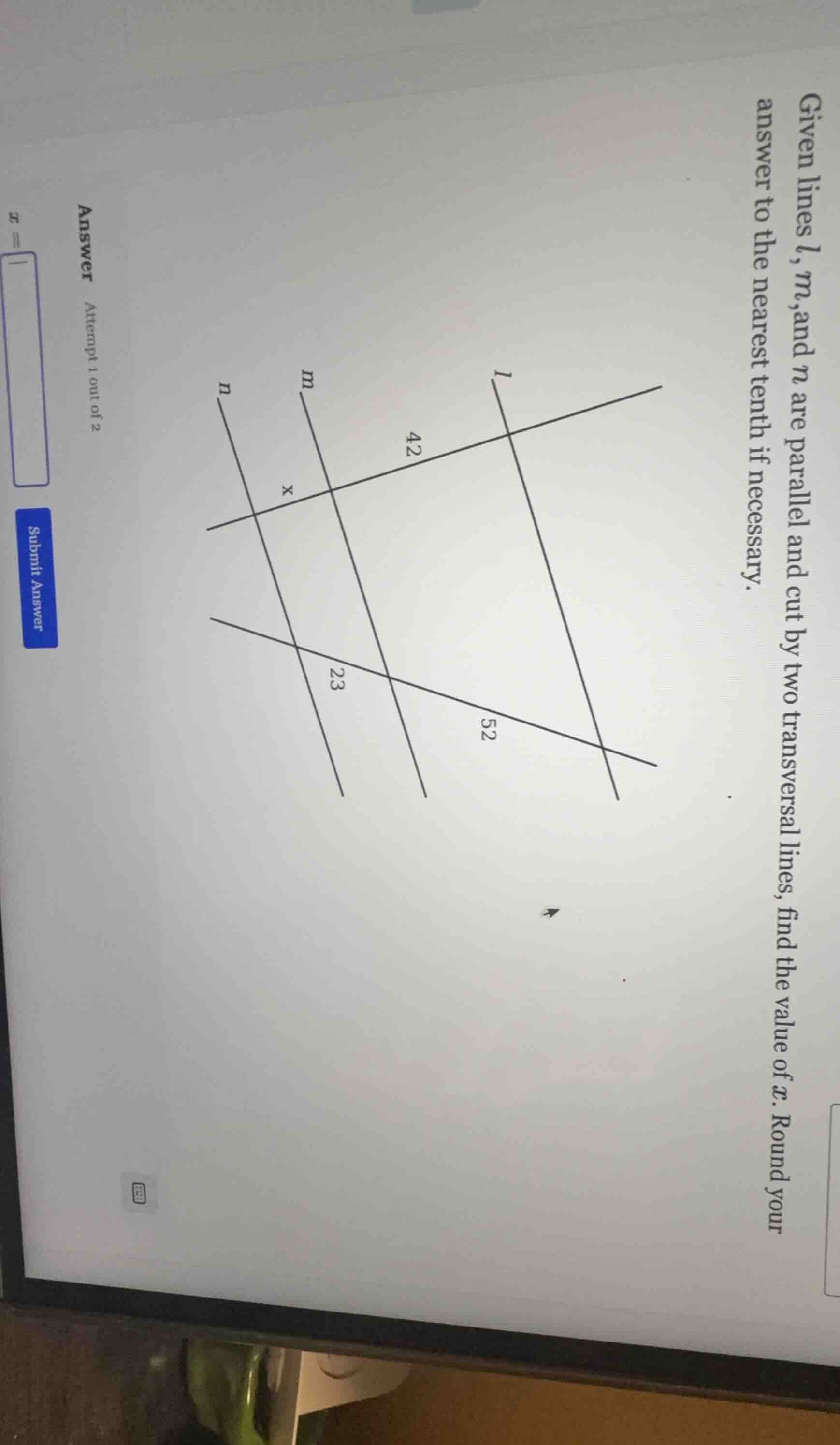 given lines l, m, and n are parallel and cut by two transversal lines, …