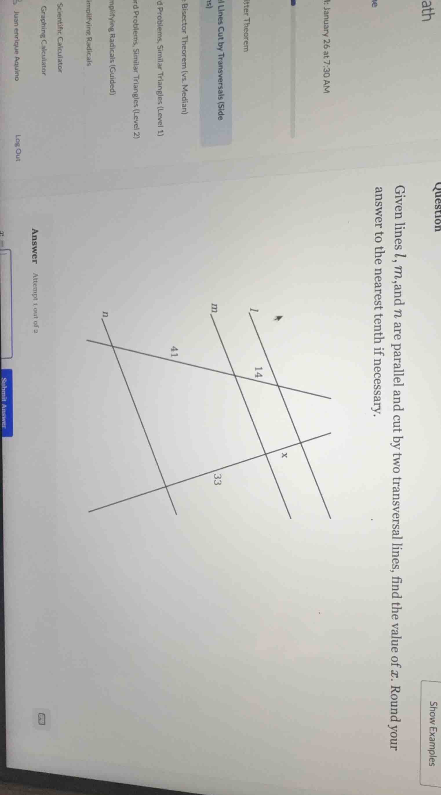given lines l, m, and n are parallel and cut by two transversal lines, …