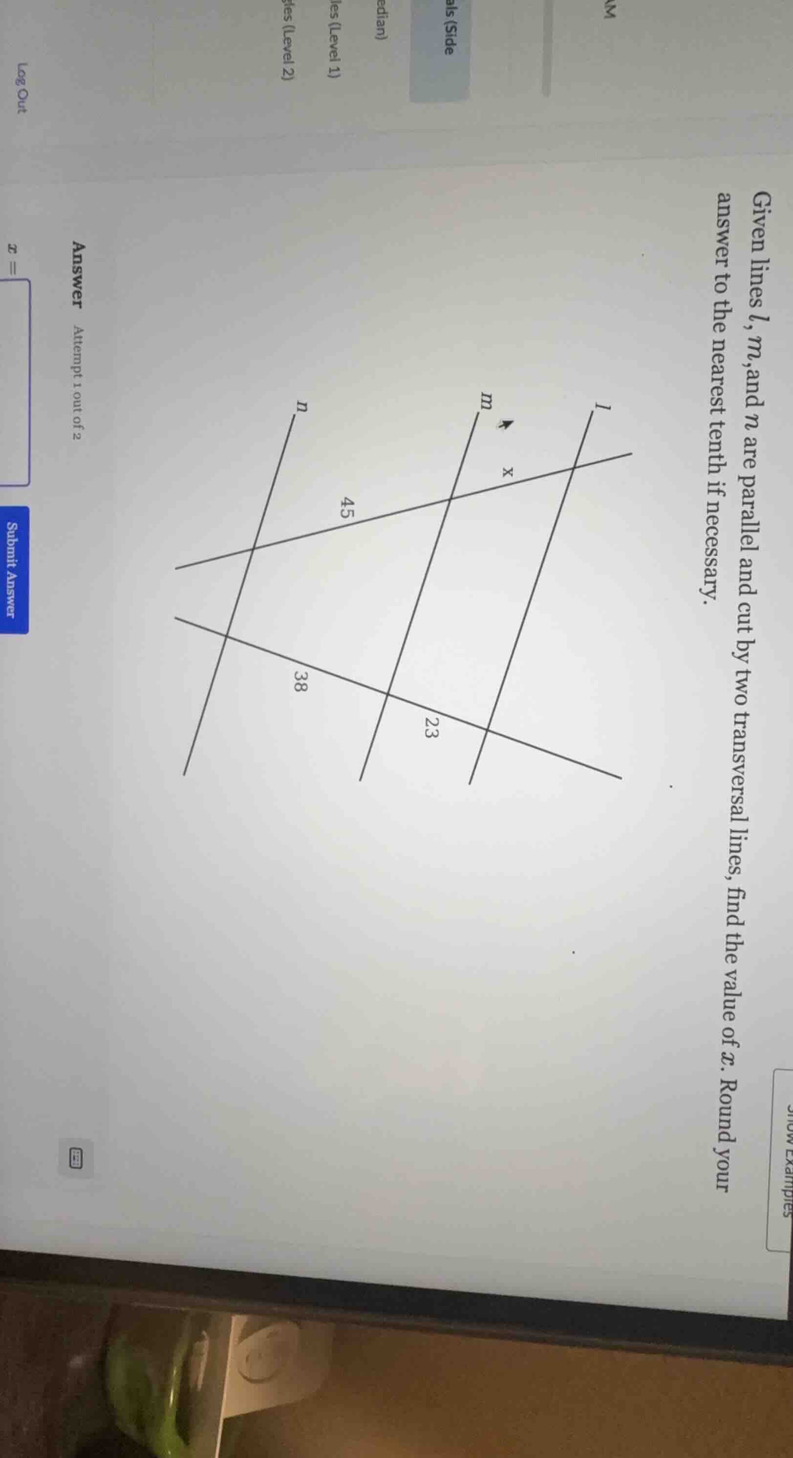 given lines l, m, and n are parallel and cut by two transversal lines, …