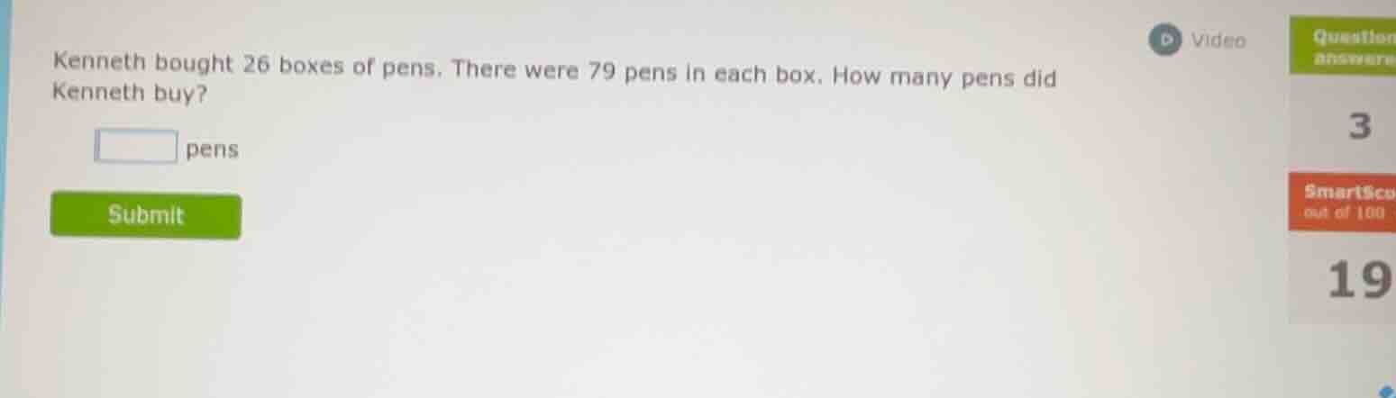 kenneth bought 26 boxes of pens. there were 79 pens in each box. how ma…