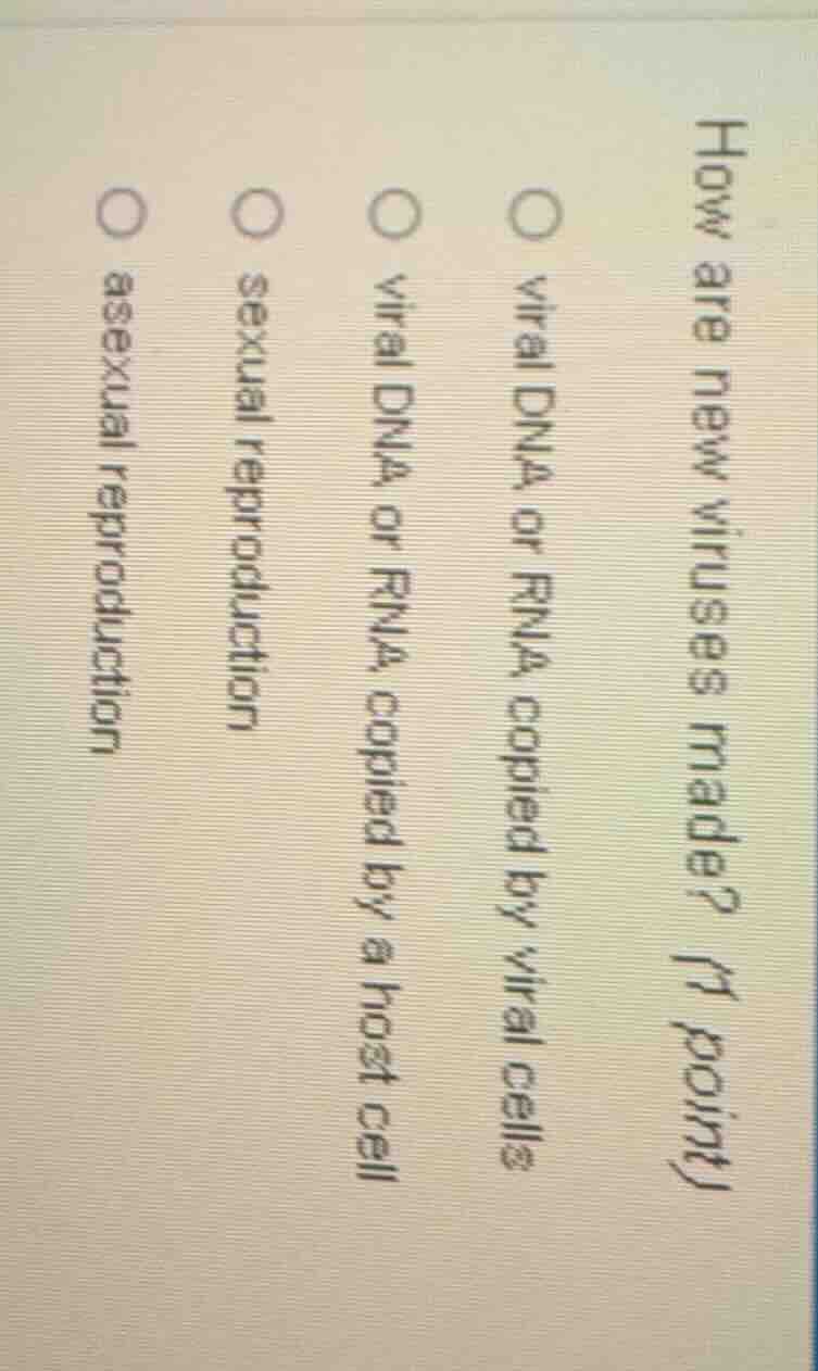 how are new viruses made? (1 point) viral dna or rna copied by viral ce…