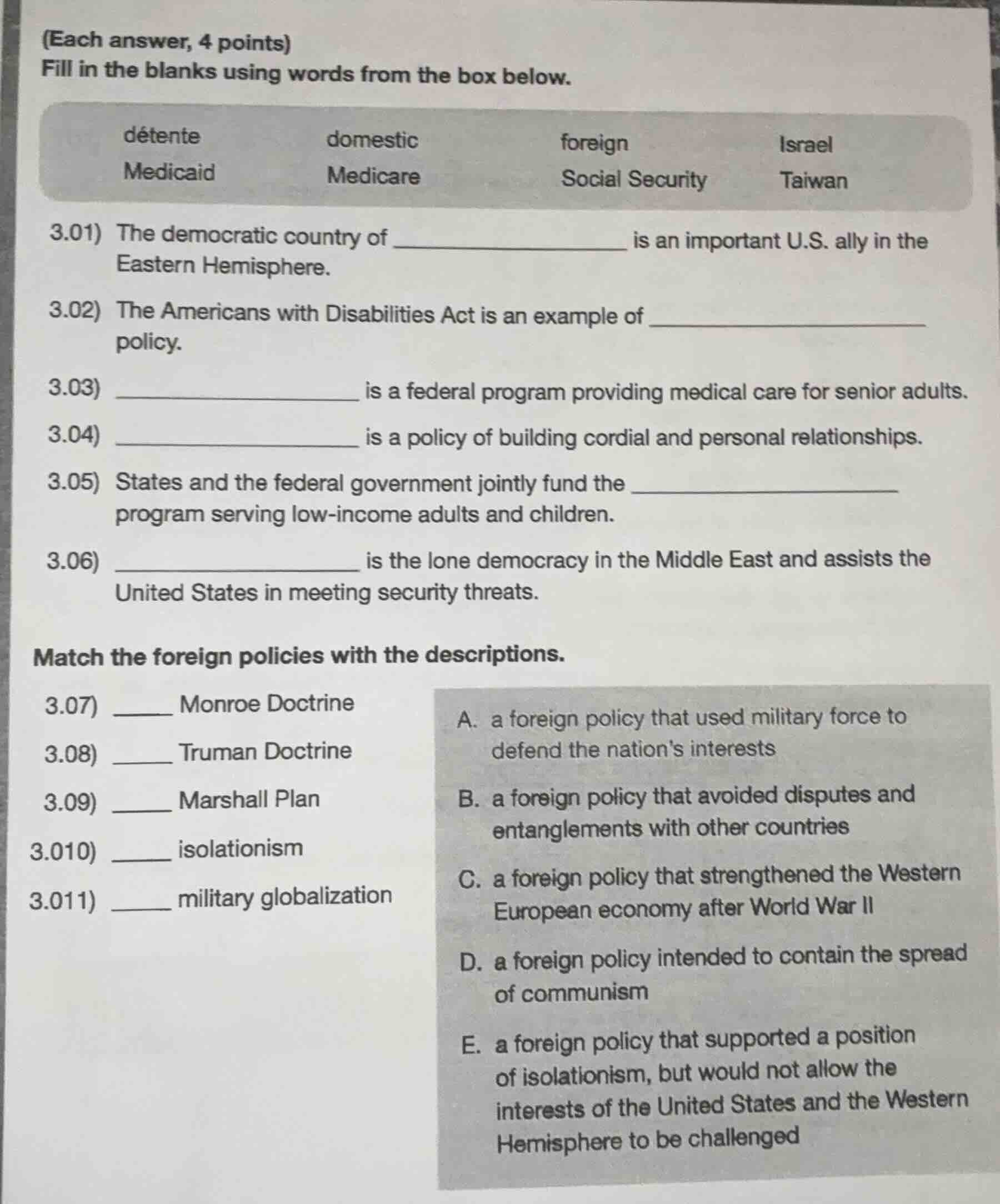 (each answer, 4 points) fill in the blanks using words from the box bel…