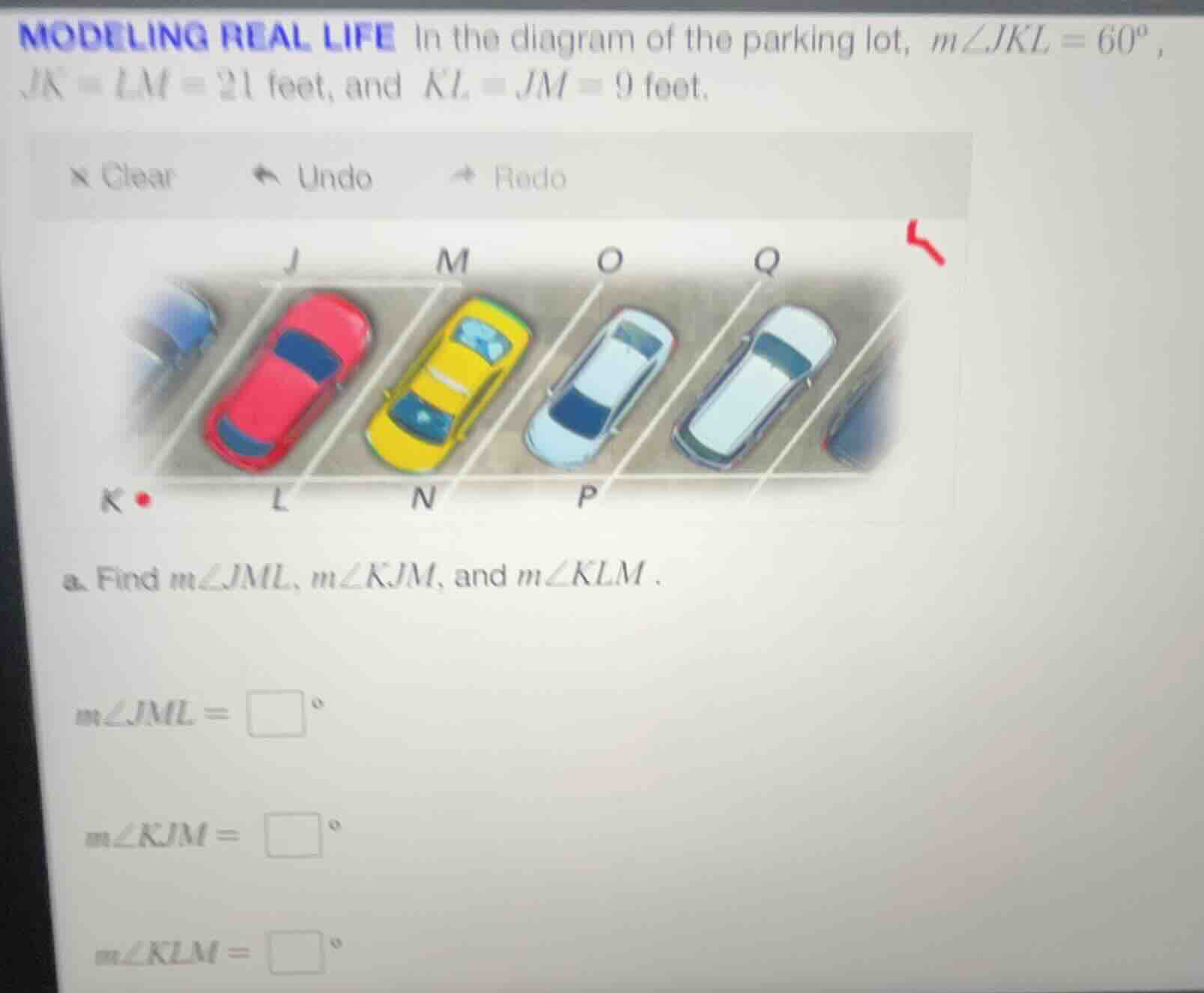 modeling real life in the diagram of the parking lot, $m\\angle jkl = 6…
