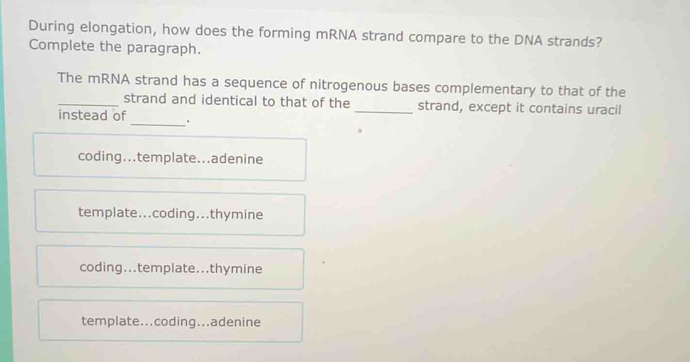 during elongation, how does the forming mrna strand compare to the dna …