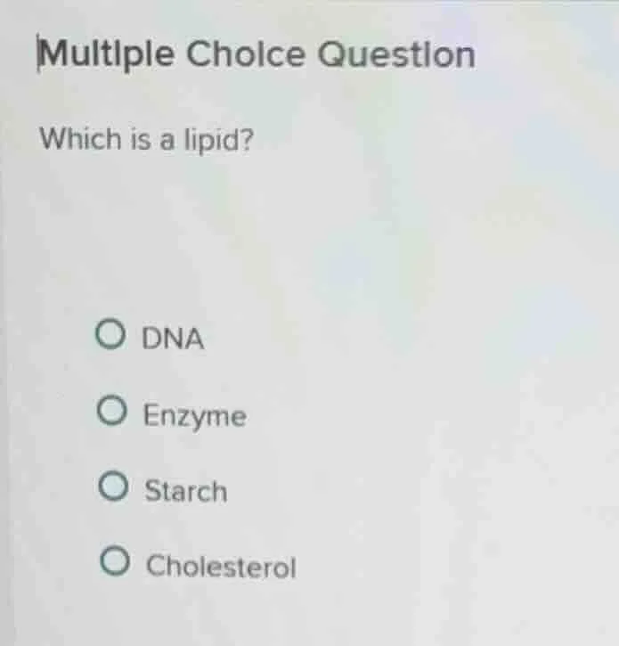 multiple choice question which is a lipid? ○ dna ○ enzyme ○ starch ○ ch…