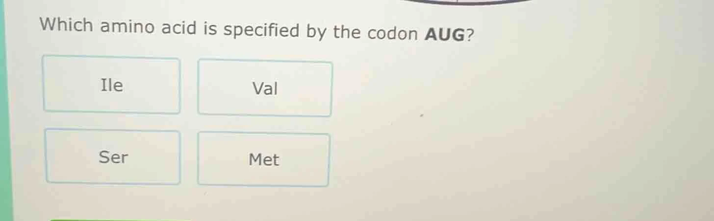 which amino acid is specified by the codon aug? ile val ser met