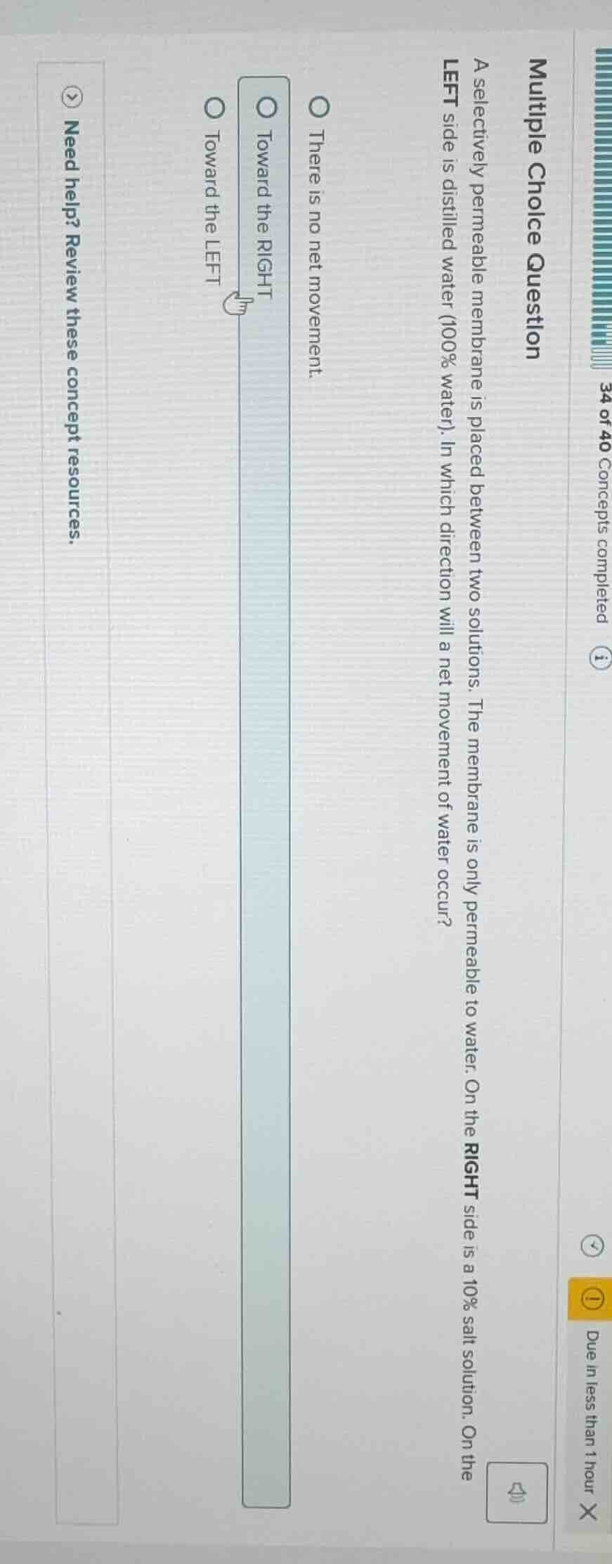 multiple choice question a selectively permeable membrane is placed bet…