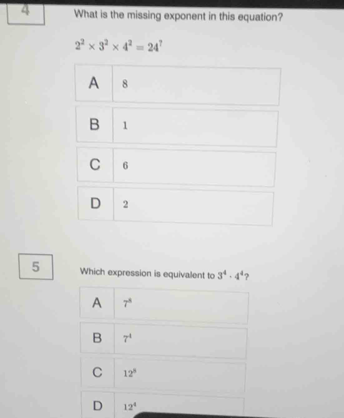 4 what is the missing exponent in this equation? $2^{2} \\times 3^{2} \…
