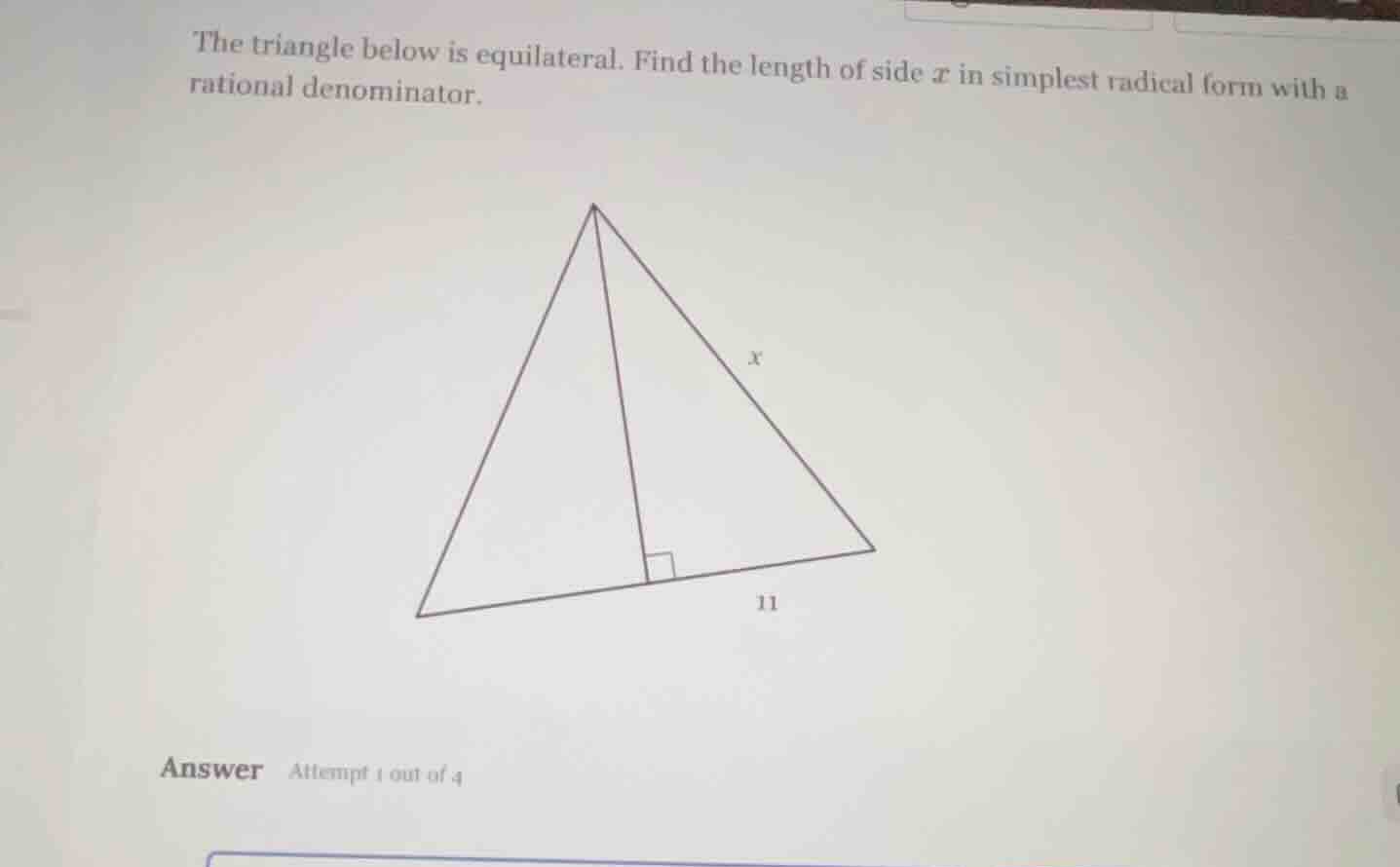 the triangle below is equilateral. find the length of side ( x ) in sim…