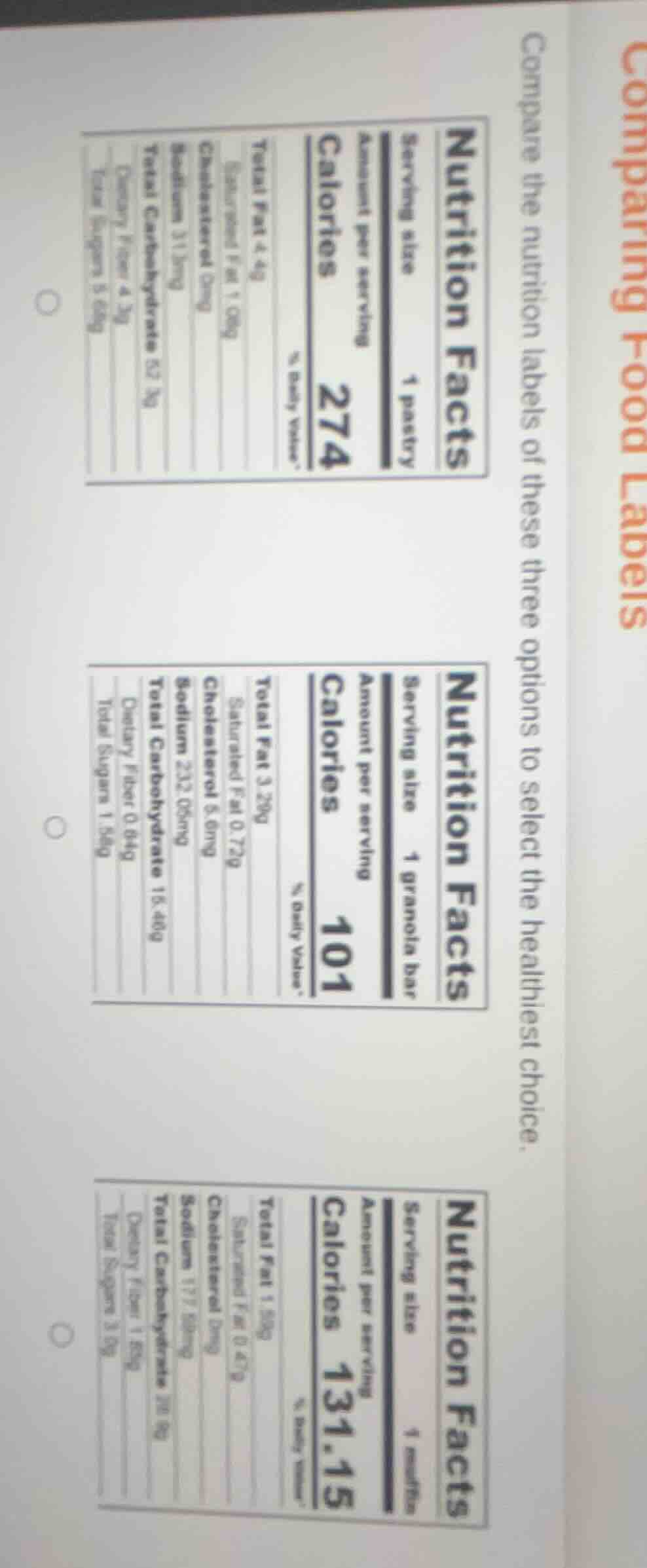 comparing food labels compare the nutrition labels of these three optio…