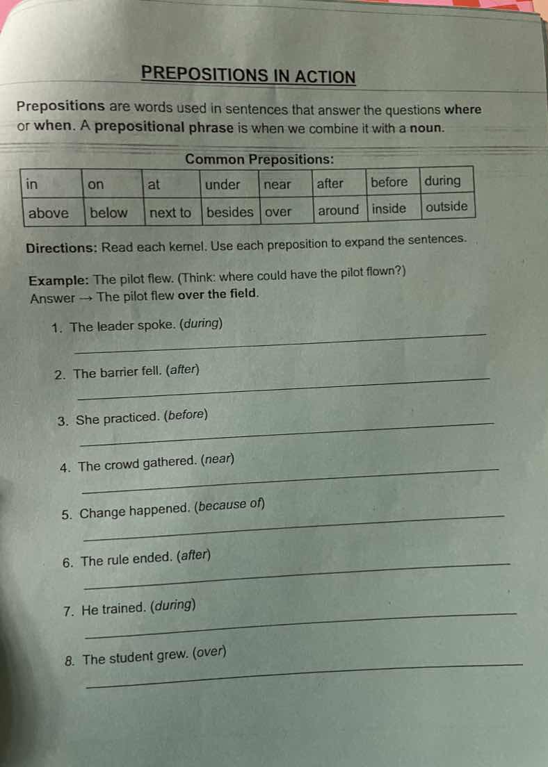 prepositions in action prepositions are words used in sentences that an…