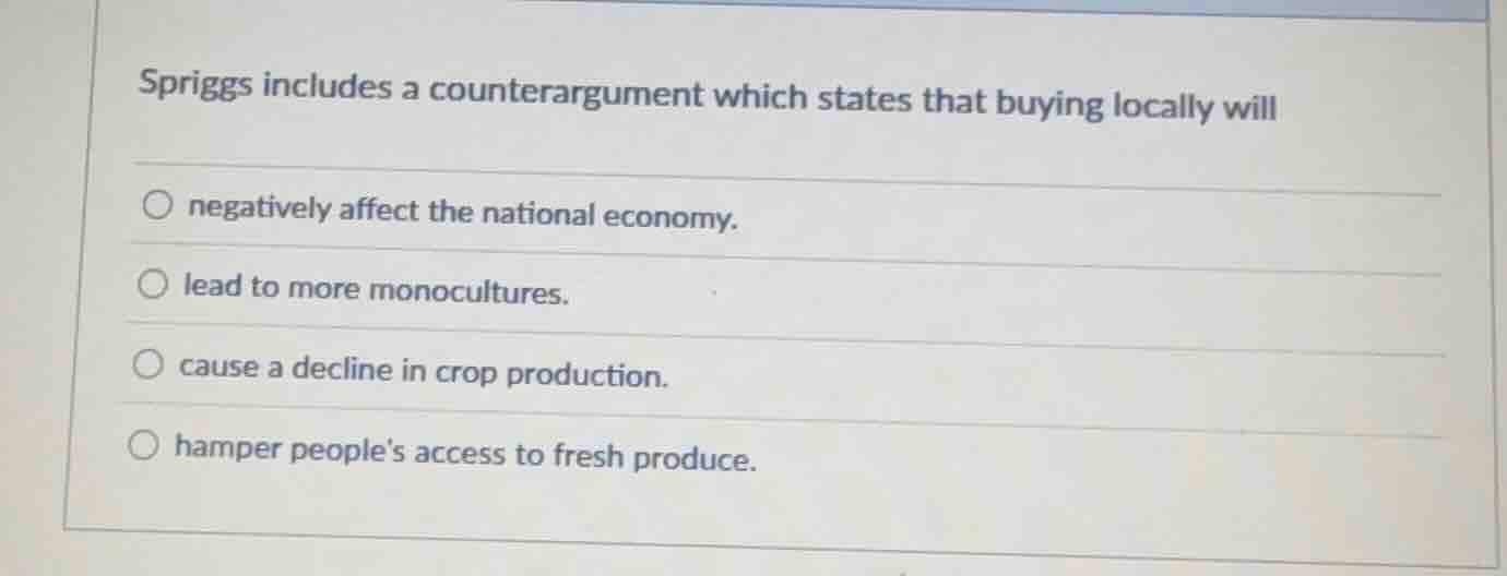 spriggs includes a counterargument which states that buying locally wil…
