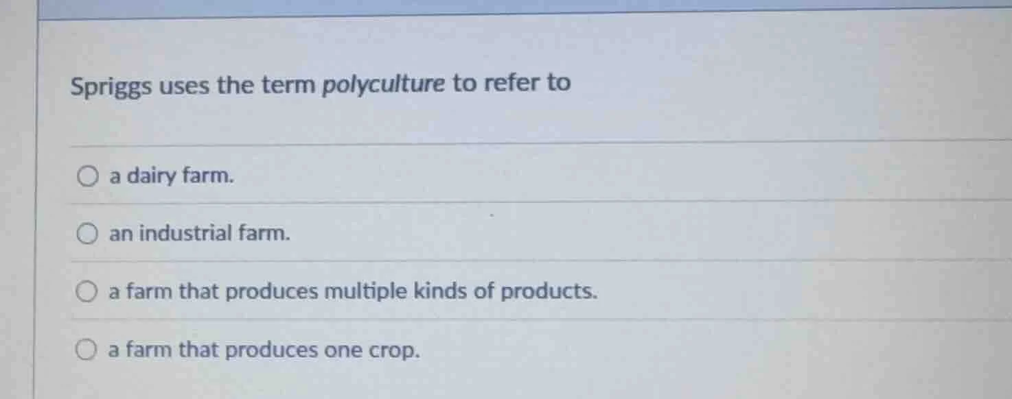 spriggs uses the term polyculture to refer to a dairy farm. an industri…