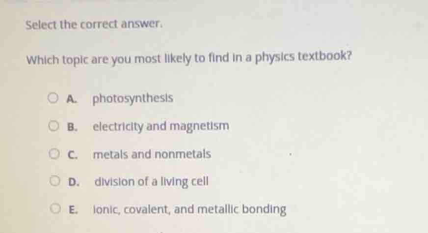 select the correct answer. which topic are you most likely to find in a…