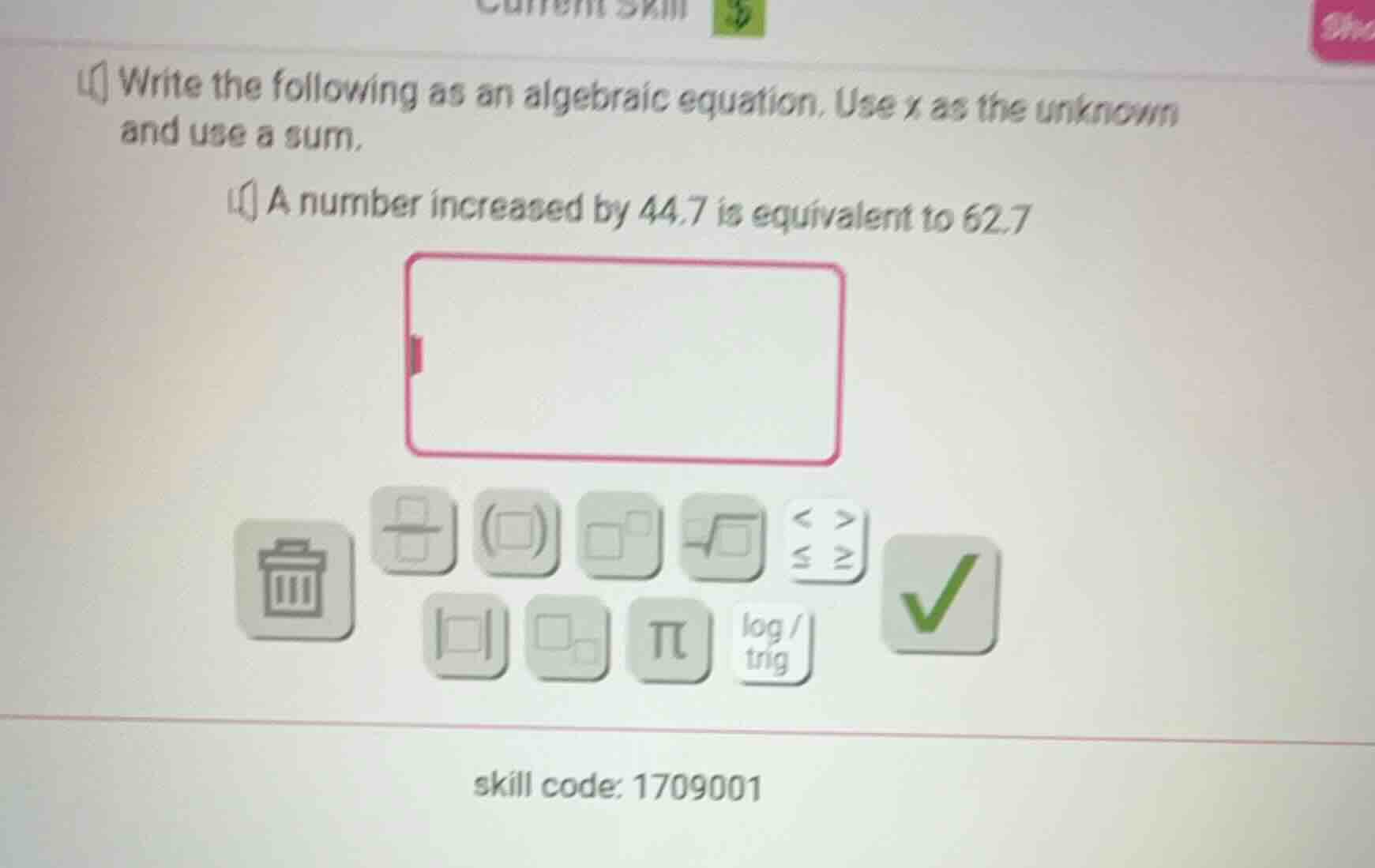 write the following as an algebraic equation. use x as the unknown and …
