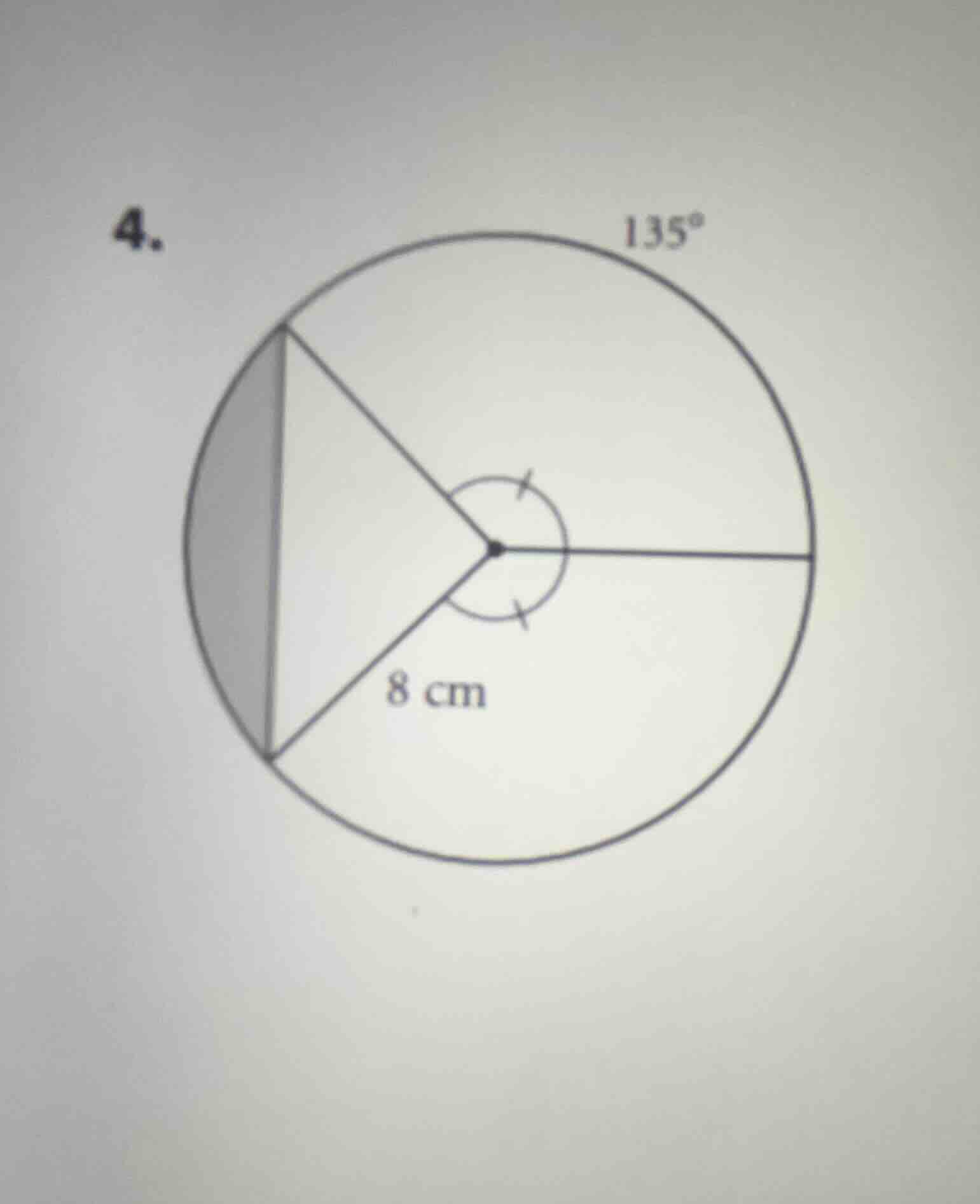 4. (there is a circle with radius 8 cm, a sector with central angle 135…