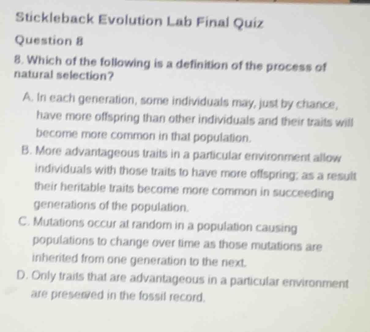 stickleback evolution lab final quiz question 8 8. which of the followi…
