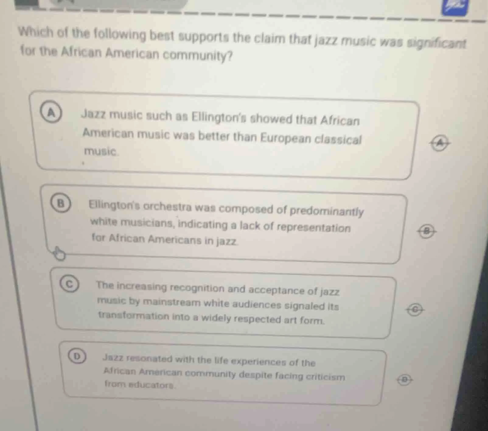 which of the following best supports the claim that jazz music was sign…