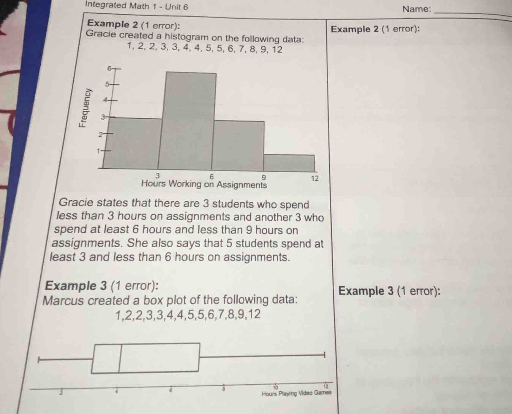 integrated math 1 - unit 6 name: example 2 (1 error): gracie created a …