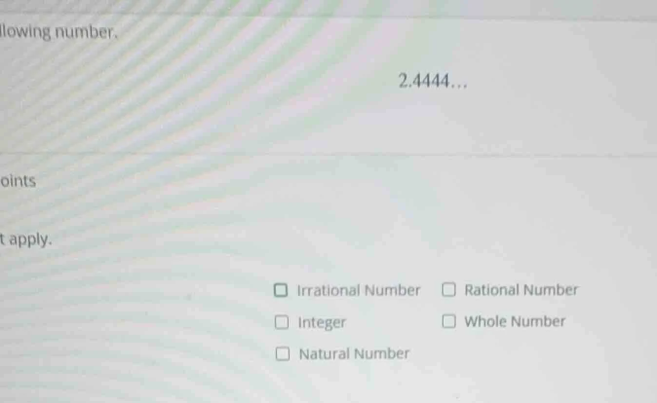 llowing number. 2.4444... oints t apply. ☐ irrational number ☐ rational…